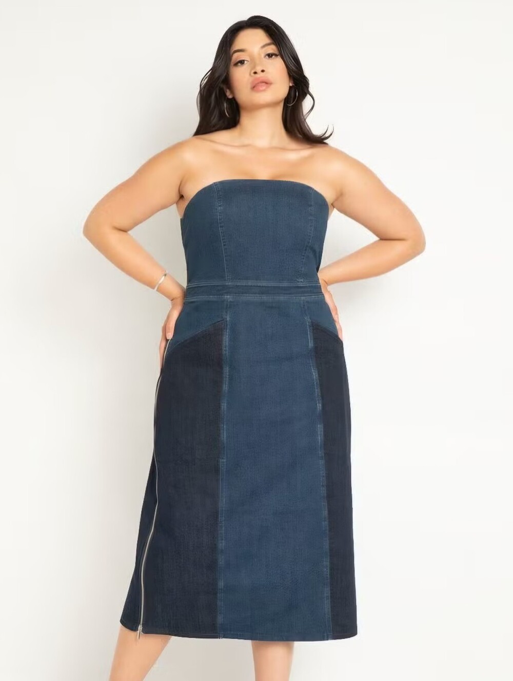 Eloquii Two-Tone Strapless Denim Midi Dress
